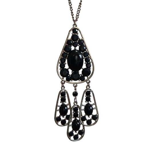 Black Stone Statement Necklace With Long Gold Chain & Teardrop Pendant - Picture 1 of 7